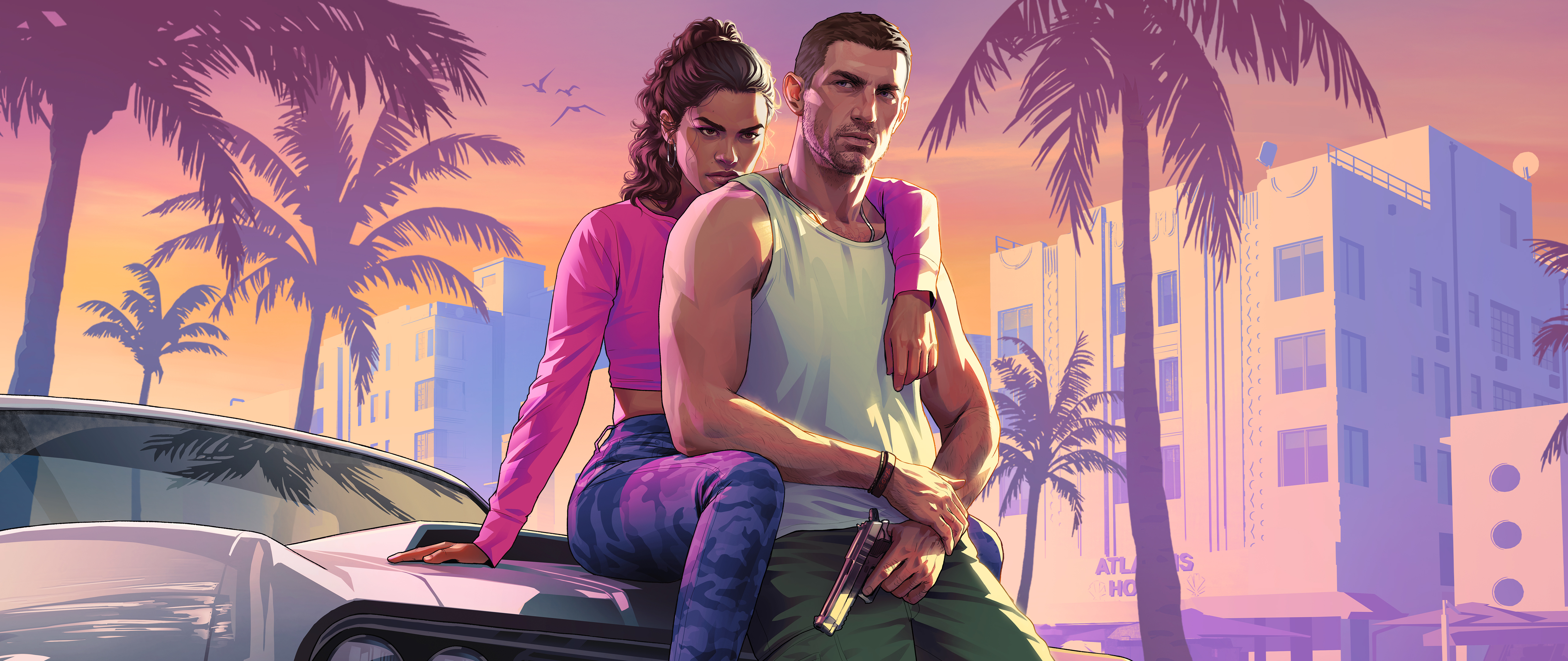 Official GTA VI artwork of Jason and Lucia in Vice City